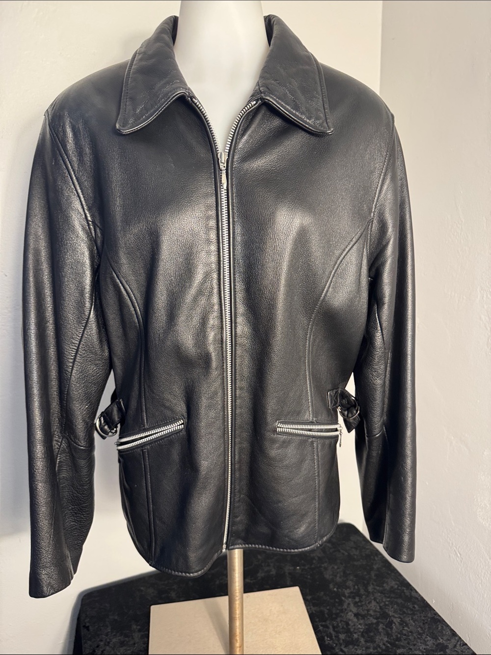 Wilsons Leather Black Motorcycle Jacket Size Large